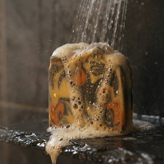 Bar of soap with lather being rinsed off under running water in a shower.