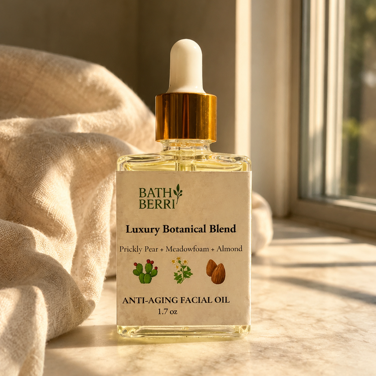 A bottle of Bath + Bеrri Luxury Botanical Blend anti-aging facial oil with a gold dropper cap, set on a marble surface next to a draped beige linen cloth and a window.