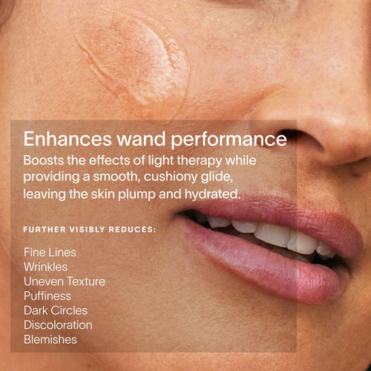 Close-up of a person's face with text about skincare product performance