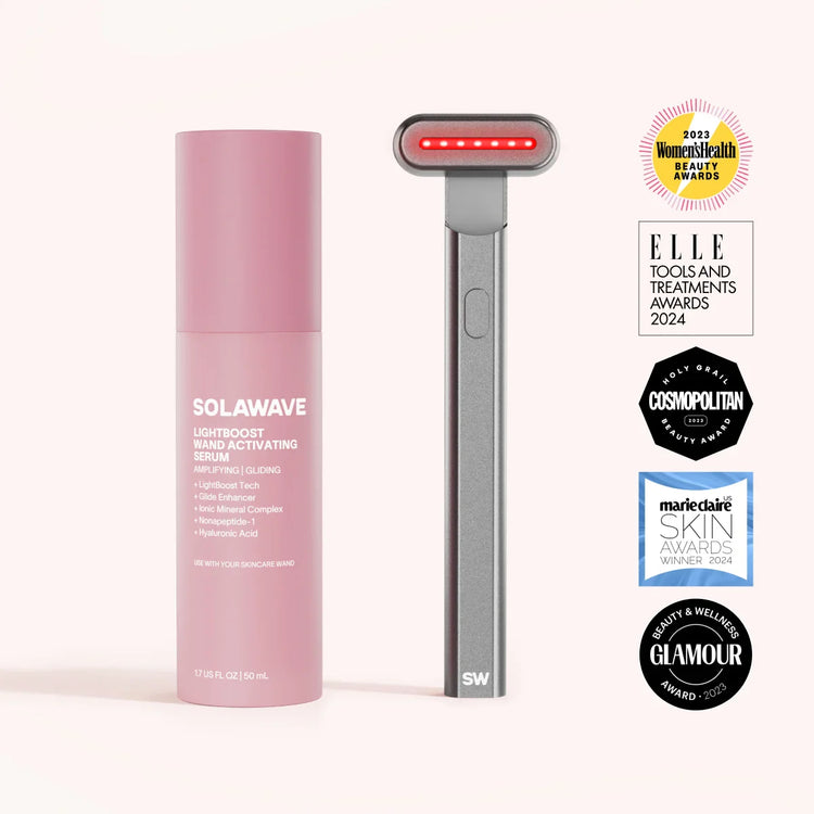 Pink serum bottle and gray handheld device with awards on a white background