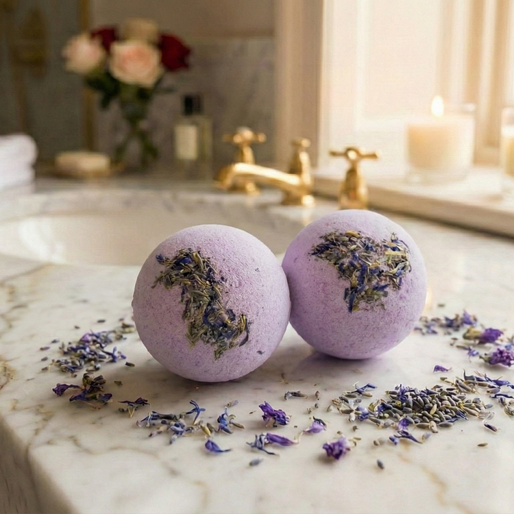 Two purple bath bombs with lavender petals on a marble countertop in a bathroom.