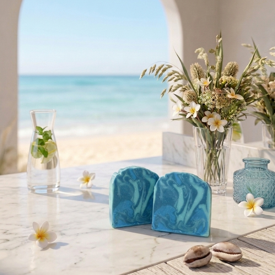 Two Coastal Drift handmade ocean soap bars on marble table with beach view — vegan, small batch, BathBerri