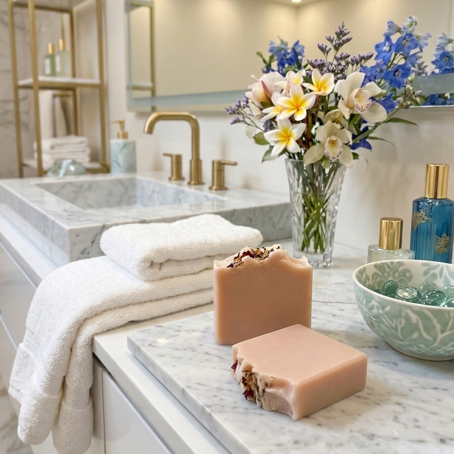 Bathroom counter with soap, towels, and a vase of flowers