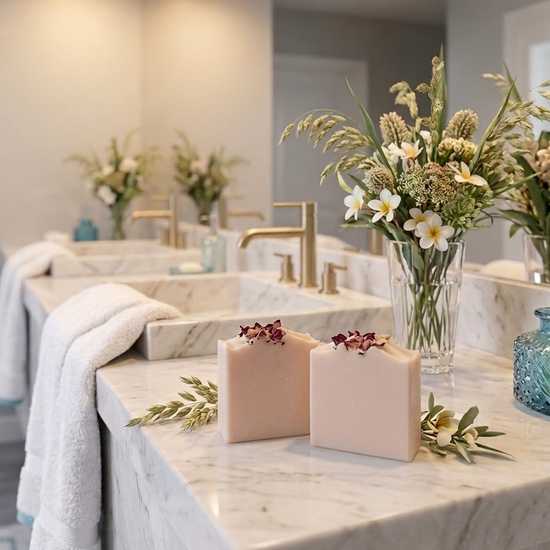 Bathroom counter with marble surface, flowers, and soap bars.