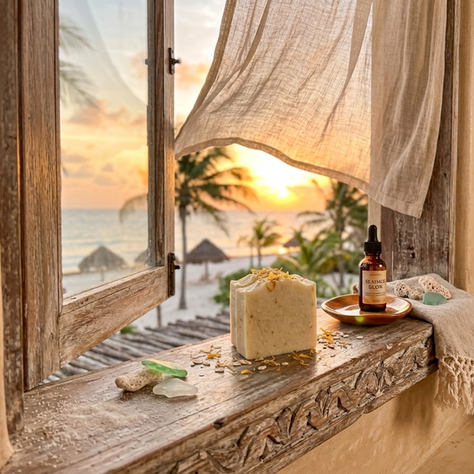 Bathroom counter with soap, bottle, and towel next to an open window with a sunset view.