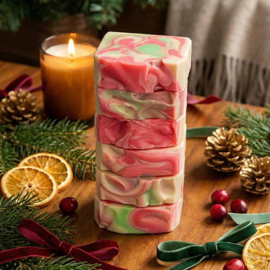 Stack of colorful soap bars on a wooden surface with Christmas decorations