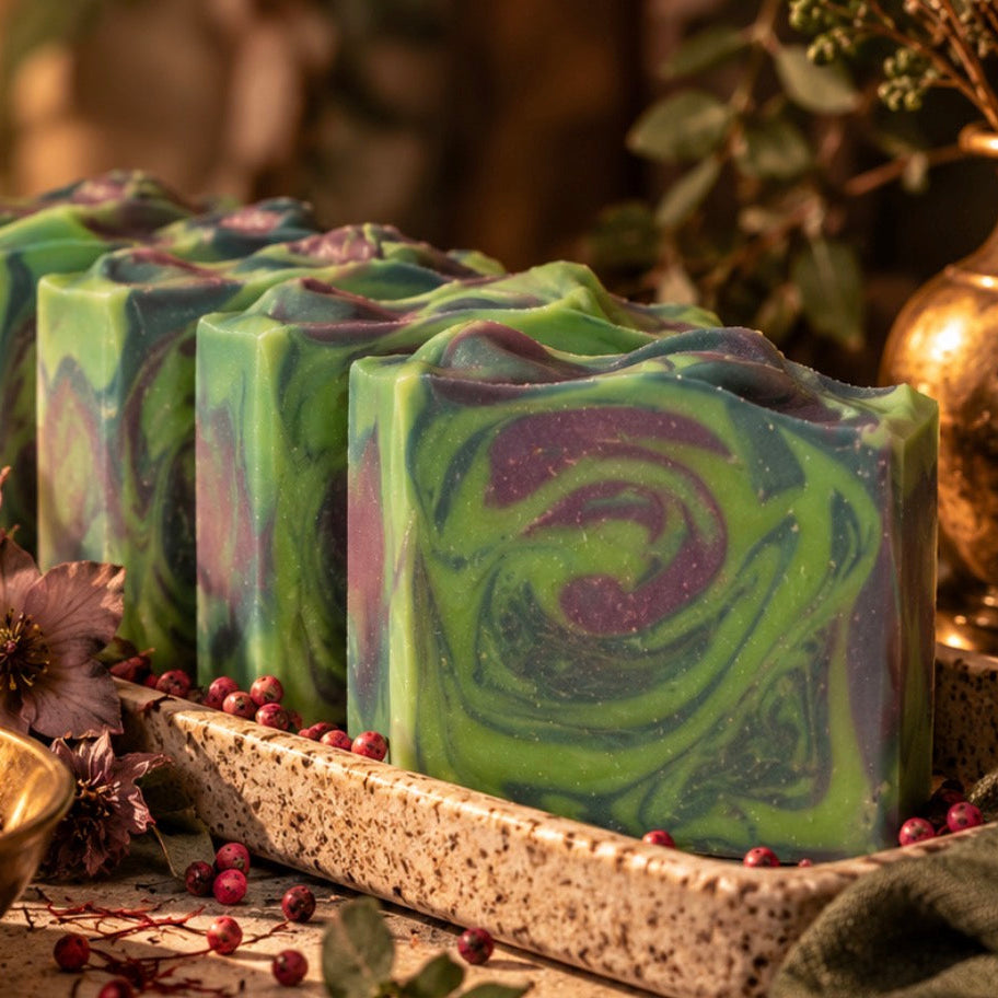 Four artisanal marbled soap bars in green and purple swirls, arranged in a speckled tray with dried flowers, berries, and warm ambient background decor.