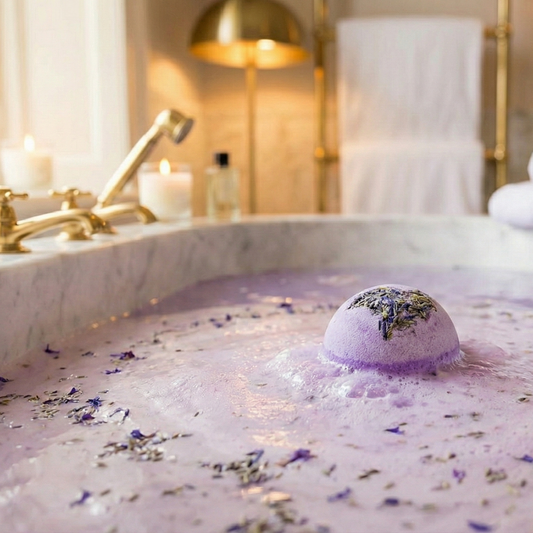Bath tub with lavender bath bombs and flowers in a luxurious bathroom setting