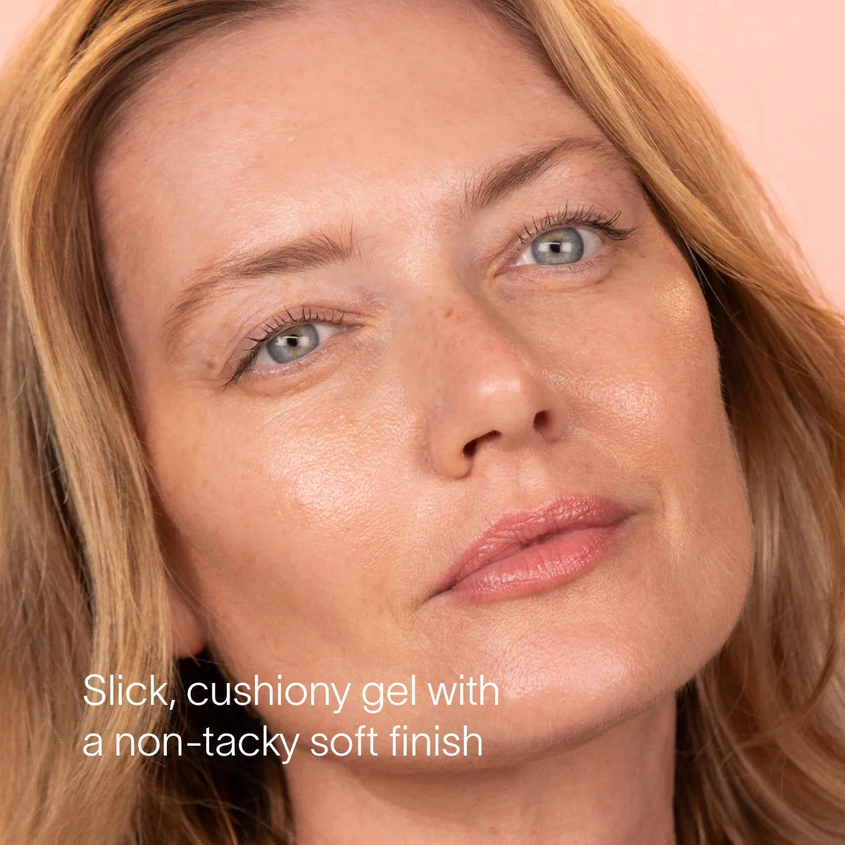 Close-up of a woman's face with text describing a product feature.