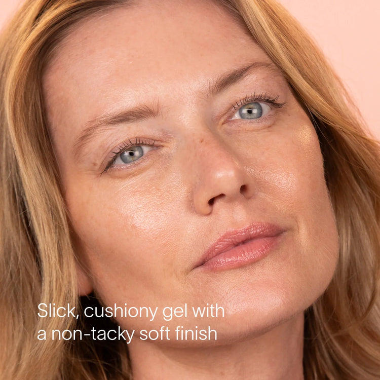 Close-up of a woman's face with text describing a product feature.