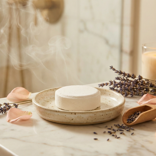 Steaming bowl on a marble surface with lavender and wooden scoop