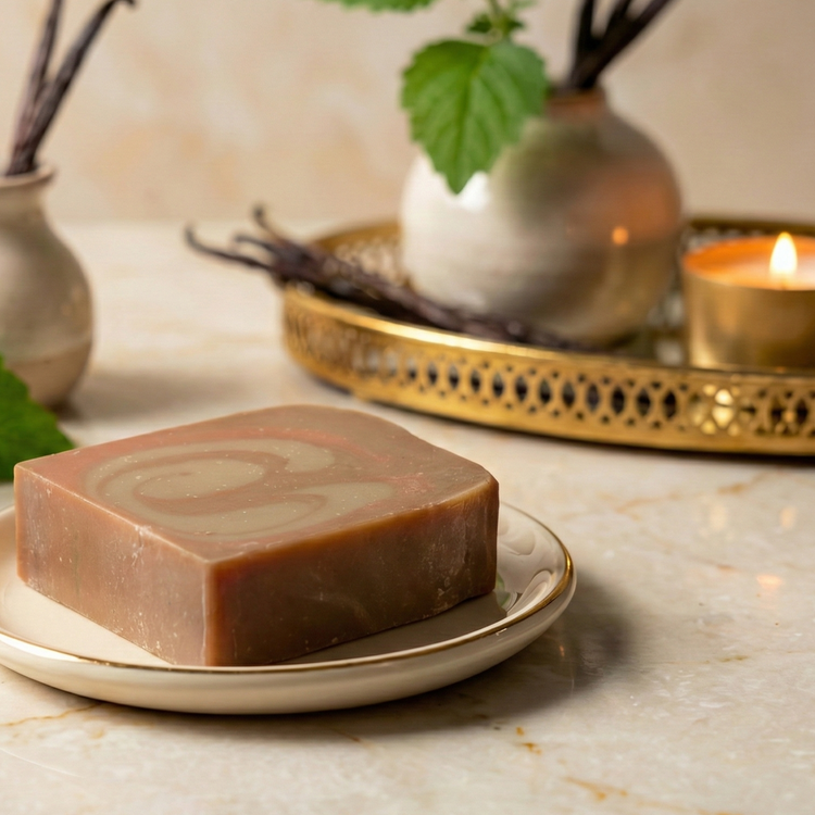 Bar of soap on a plate with a candle and plants in the background