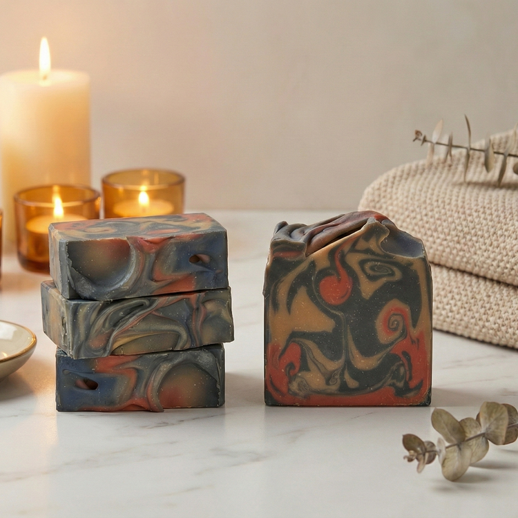 Three soap bars with marbled designs on a marble surface with candles and a towel in the background.