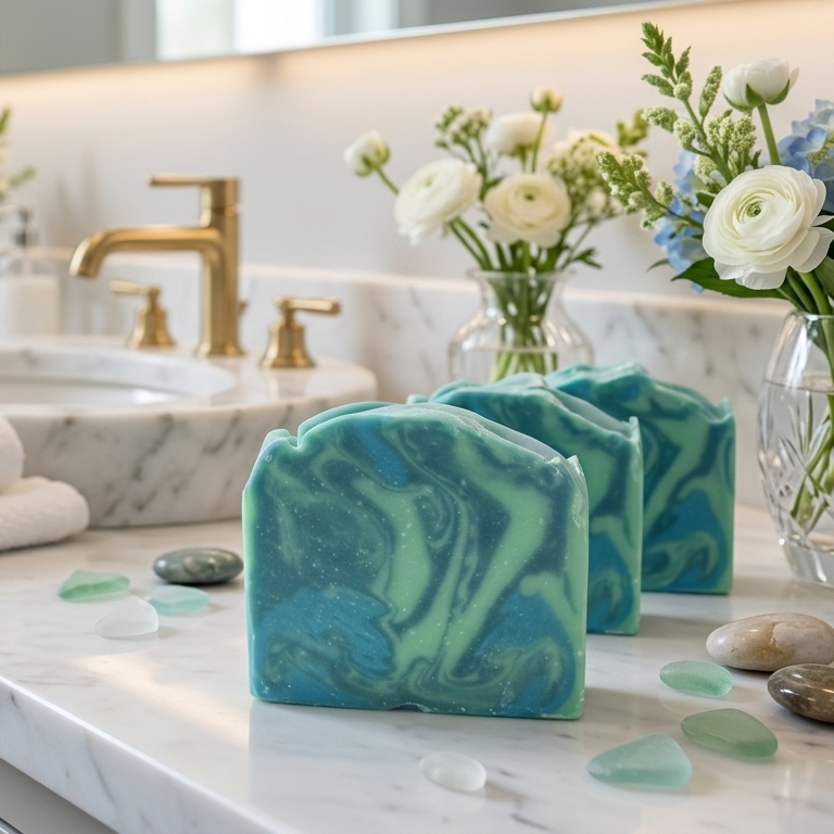 Coastal Drift ocean breeze handmade soap bars with blue-green swirl on marble counter — vegan soap by BathBerri