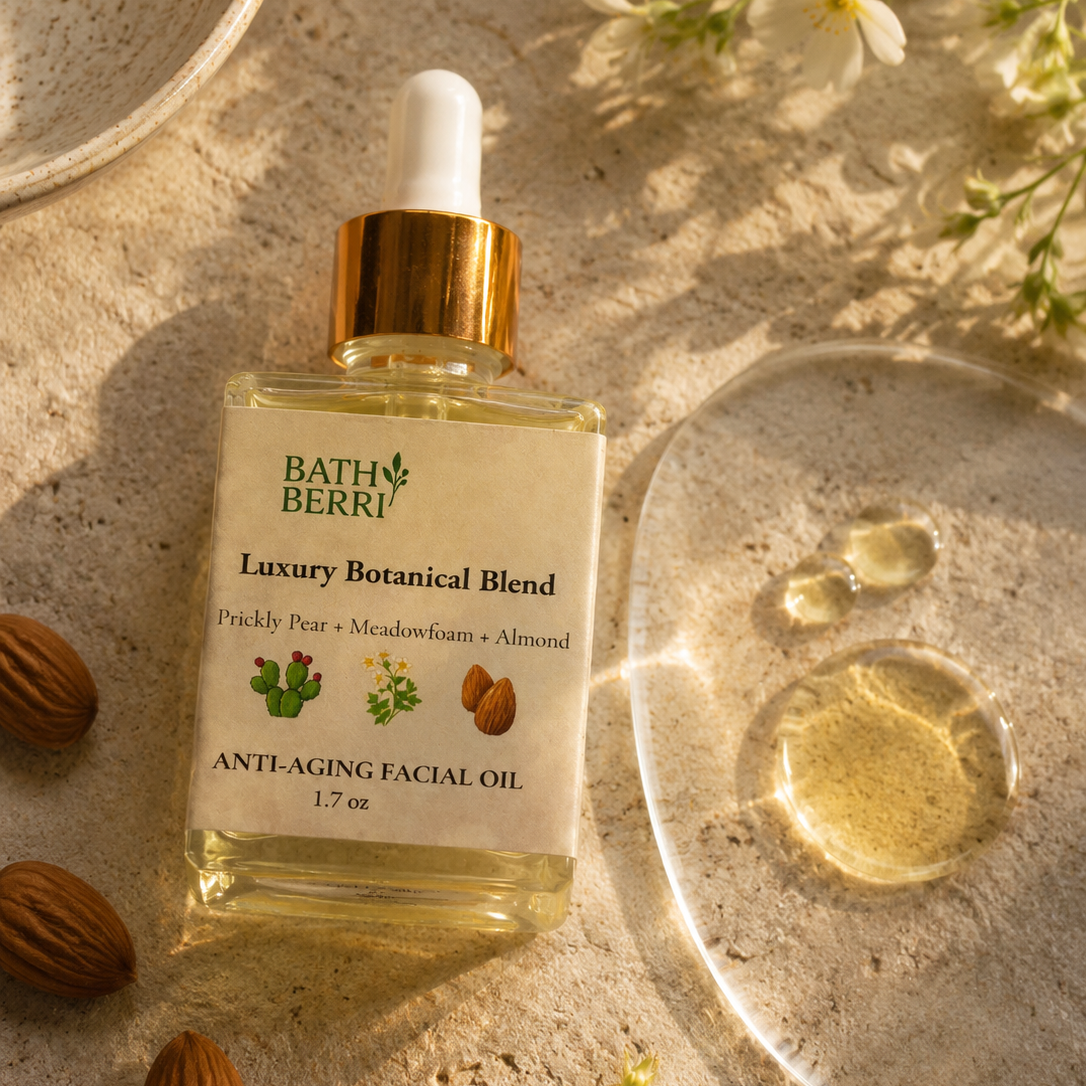 Bath Berri Luxury Botanical Blend Anti-Aging Facial Oil in a clear dropper bottle with a gold collar, styled on a sandy surface with almonds, white flowers, and a glass dish showing the golden oil.