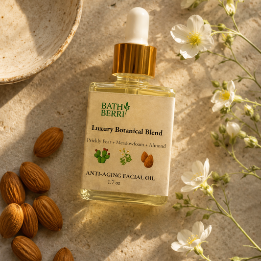 A bottle of Bath Berri Luxury Botanical Blend Anti-Aging Facial Oil, styled in a flat-lay with almonds, meadowfoam flowers, and a ceramic bowl on a textured beige stone surface.