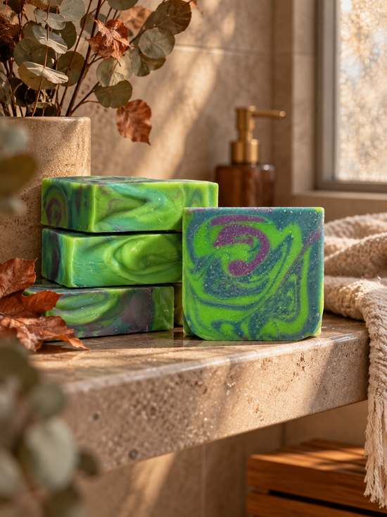 Three rectangular handmade soap bars with a green, purple, and blue marbled swirl pattern are arranged on a stone bathroom counter next to a window, with dried leaves and a beige towel in the background.