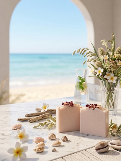 Two bars of soap with flowers and shells on a wooden surface with a beach view.