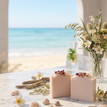 Two bars of soap with flowers and shells on a wooden surface with a beach view.