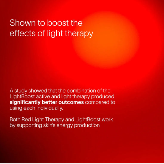 Red background with text about the benefits of light therapy and LightBoost products