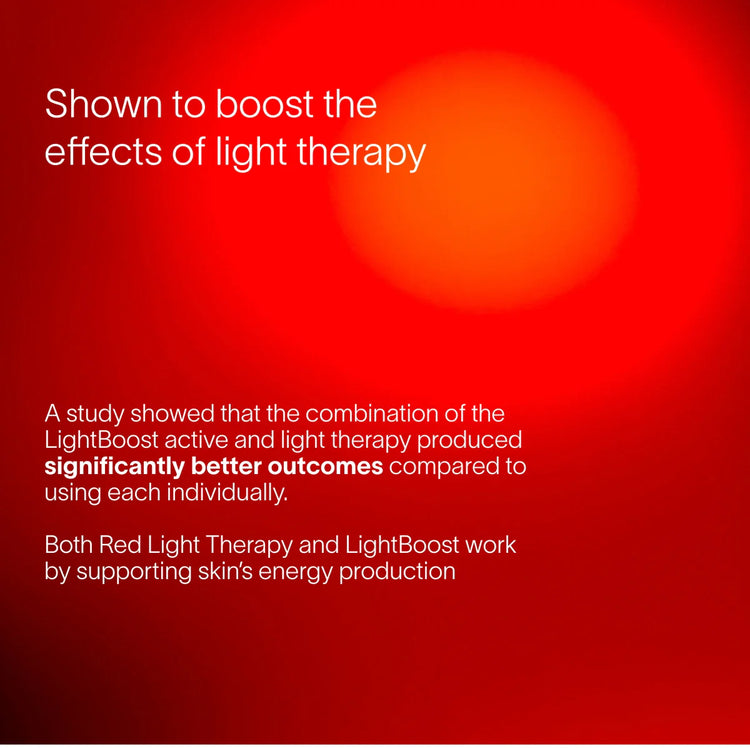 Red background with text about the benefits of light therapy and LightBoost products