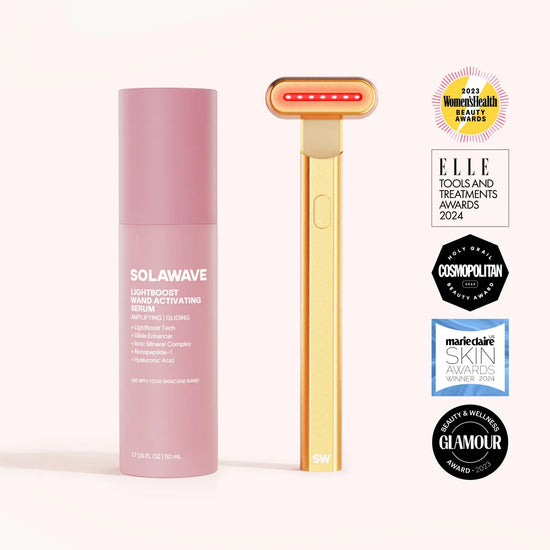 Pink serum bottle and gold handheld device on a white background with awards displayed.
