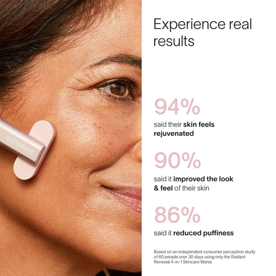 Woman using a skincare device with statistics on skin improvement.