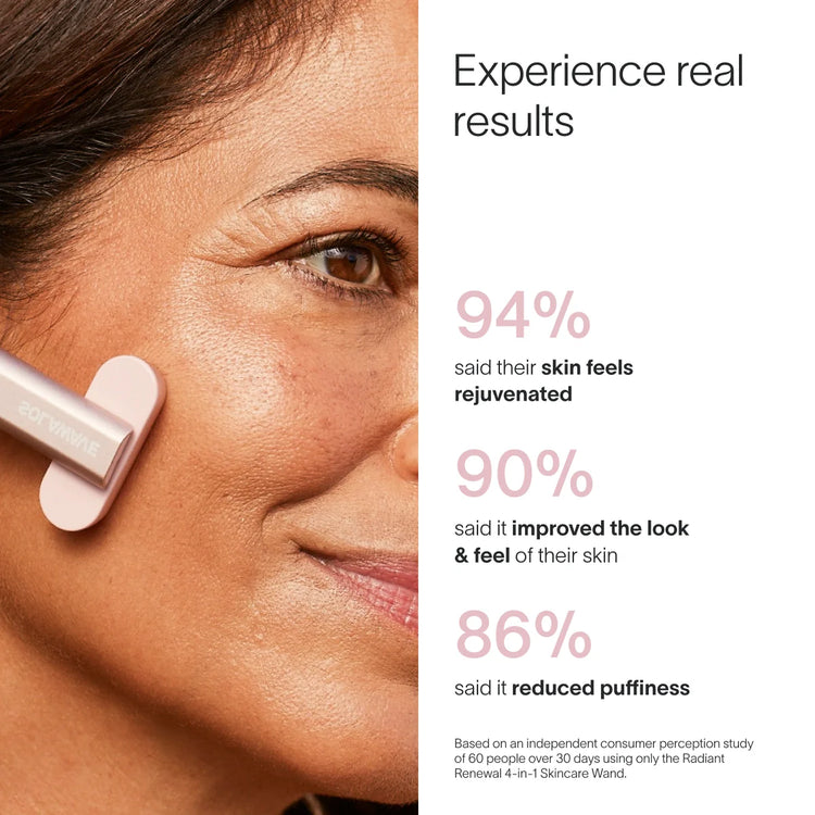 Woman using a skincare device with statistics on skin improvement.