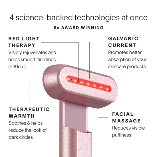 Facial device with red light therapy, galvanic current, therapeutic warmth, and facial massage features on a white background.
