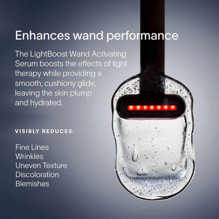 LightBoost Wand Activating Serum with text highlighting its benefits on a gray background