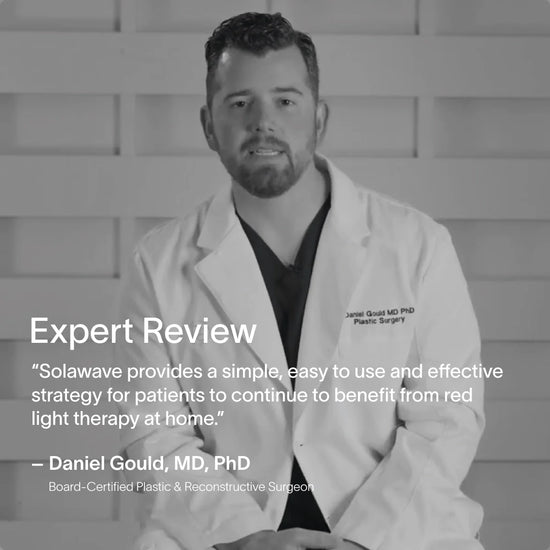 Man in a white coat with text overlay about Solawave device