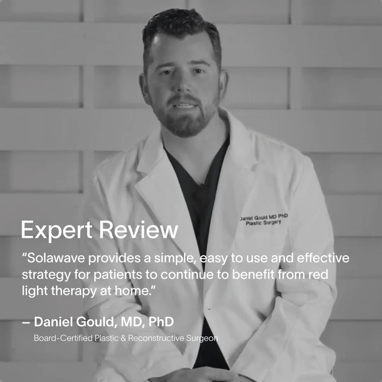 Man in a white coat with text overlay about Solawave device