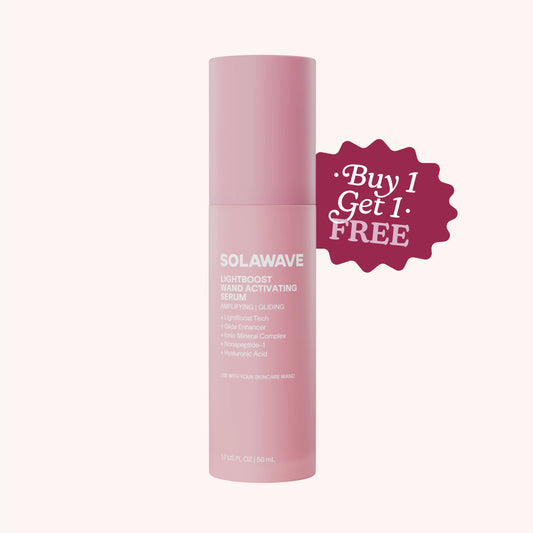 Pink skincare bottle with 'Buy 1 Get 1 Free' label on a white background