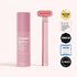 Pink skincare serum bottle and Red light device with awards on a white background