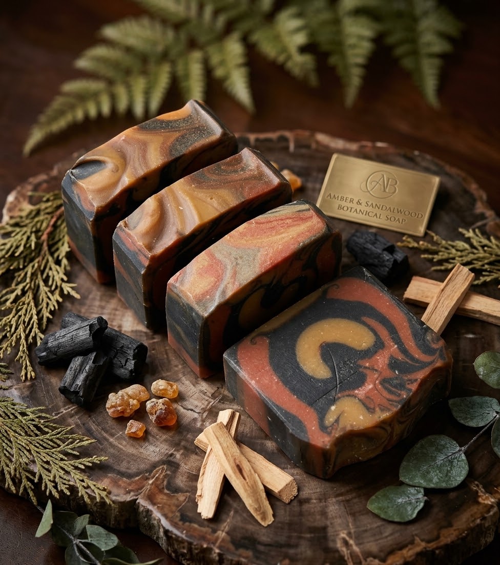 Four artisan soap bars with a marbled swirl pattern of black, rust red, orange, and brown, arranged on a rustic wood slice with botanical and wood props. A brass plaque on the wood reads 'AV & SANDWICH BOTANICAL SANCTUARY'.