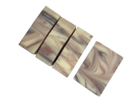 brown, red and cream Marbled soap bars on a white background