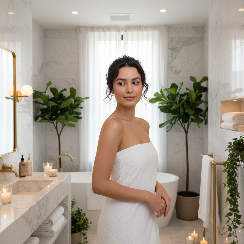 A woman wearing a white strapless wrap dress stands in a luxurious marble bathroom with candles, plants, and a bathtub in the background.