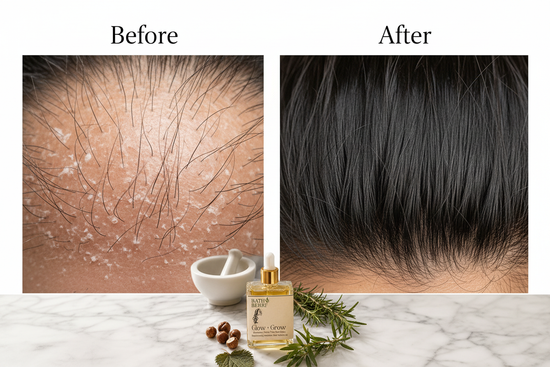 Illustrative scalp health before and after concept for BathBerri Glow + Grow rosemary and nettle hair oil