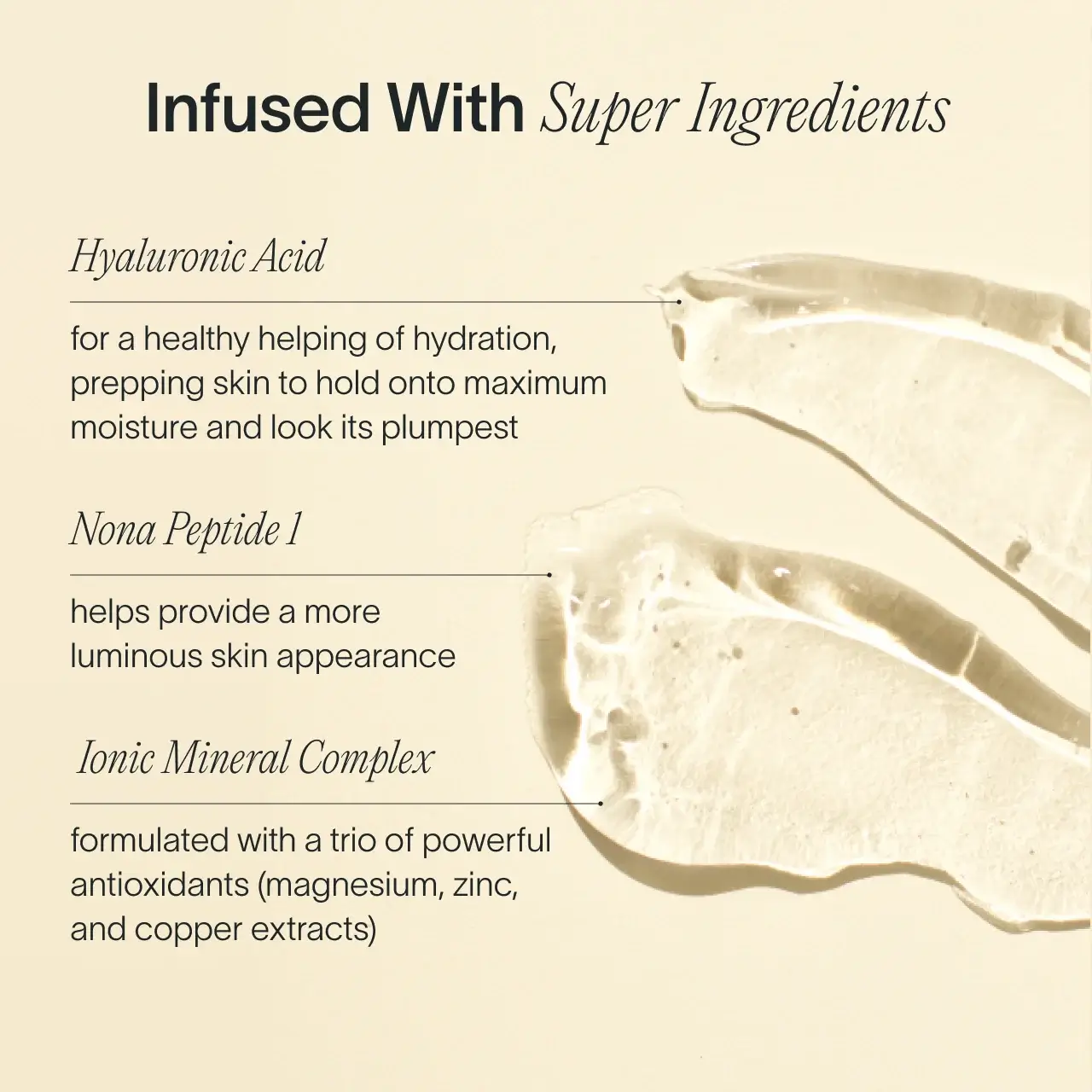 Product description card with text about super ingredients and their benefits on a beige background.