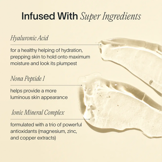 Product description card with text about super ingredients and their benefits on a beige background.