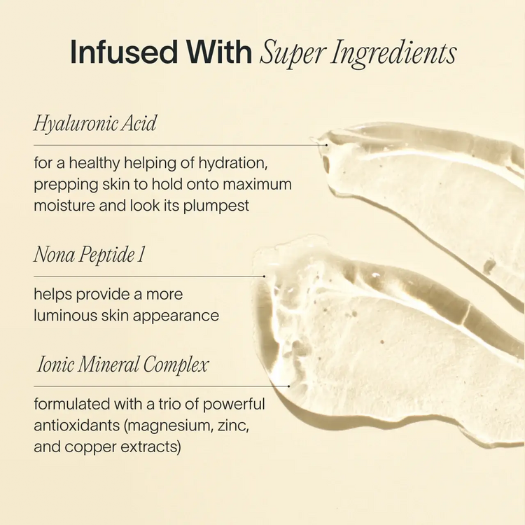 Product description card with text about super ingredients and their benefits on a beige background.